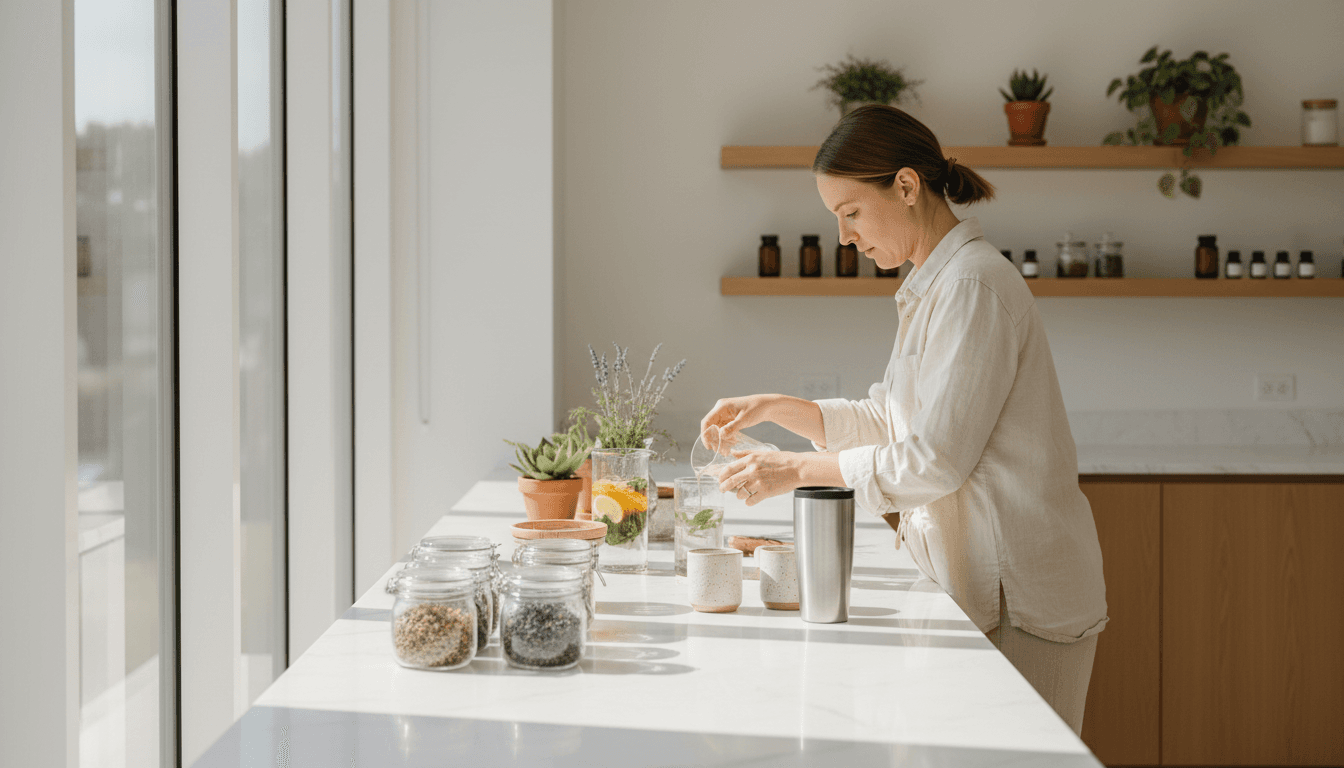 Woman enjoying a healthy wellness drink in a bright modern home
