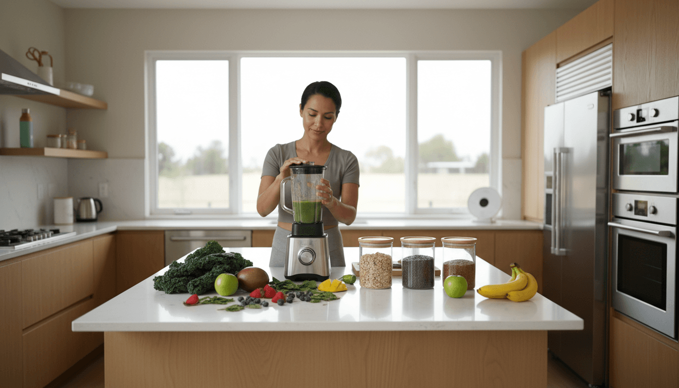 Woman preparing a healthy wellness drink in a bright modern kitchen with natural ingredients