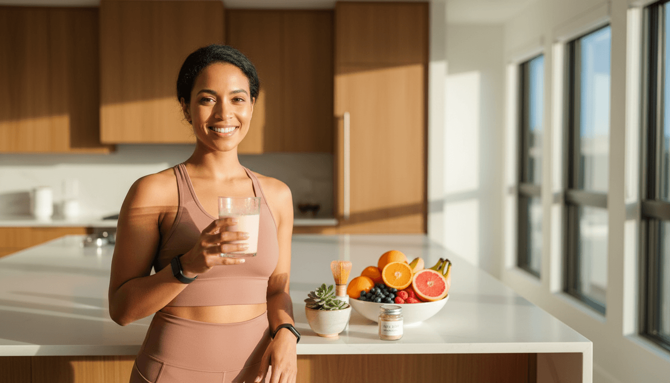 Woman in modern kitchen holding Burn Slim supplement bottle with wellness products on counter