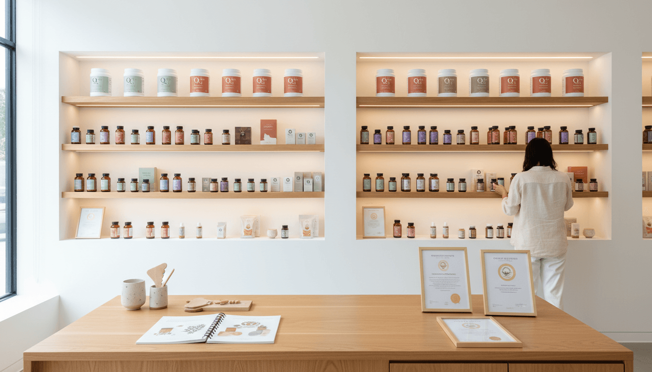 Founder in a bright, modern wellness studio surrounded by premium supplement bottles and healthy lifestyle elements