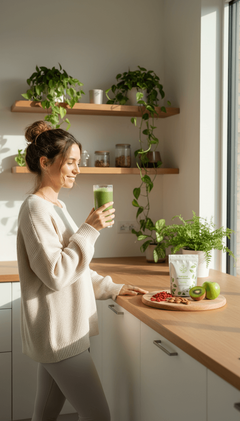 Woman enjoying a healthy wellness beverage in a bright, modern kitchen