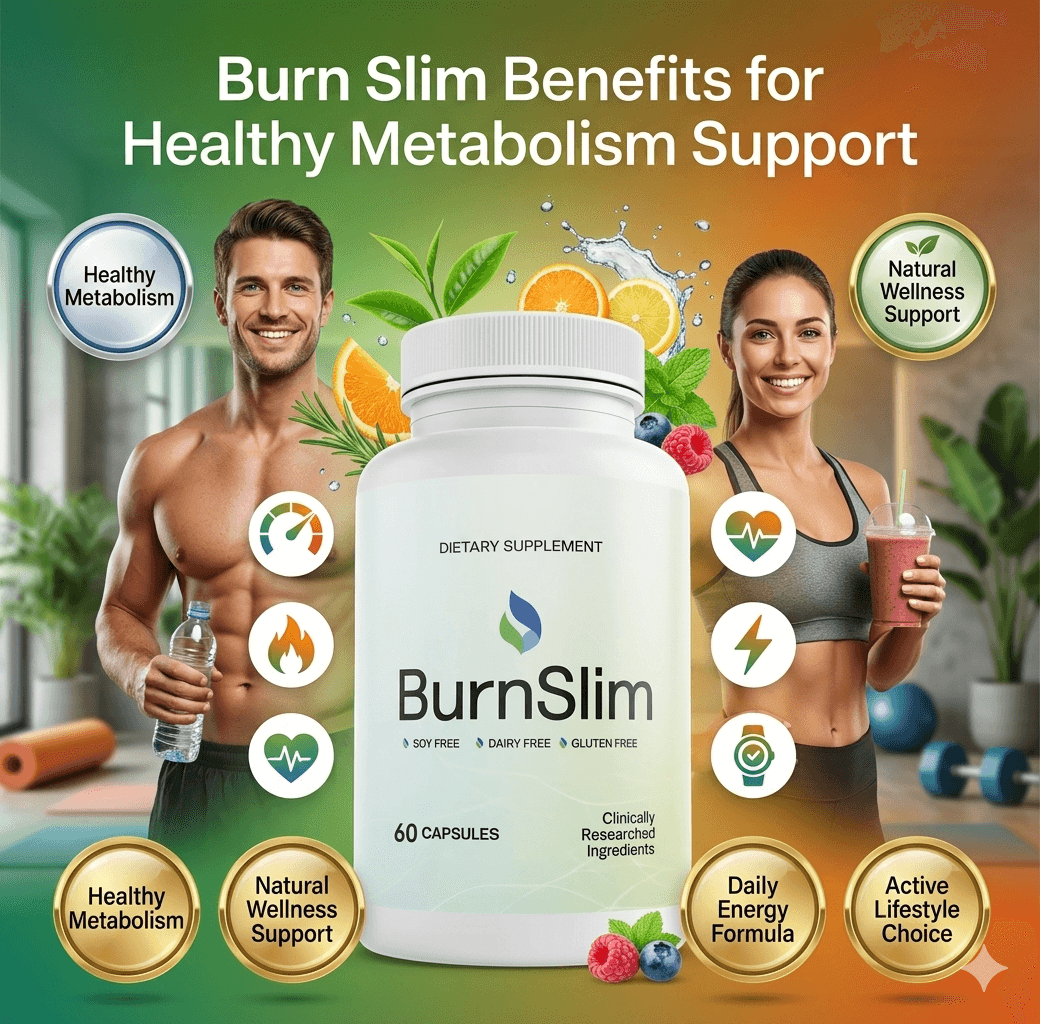 BurnSlim dietary supplement bottle for healthy metabolism support, featuring fit individuals and fresh fruit.